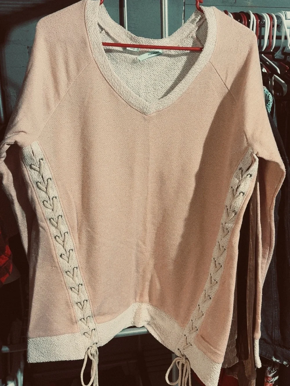 Maurices Blush Pink V-Neck Lace-Up Side Panel Sweater